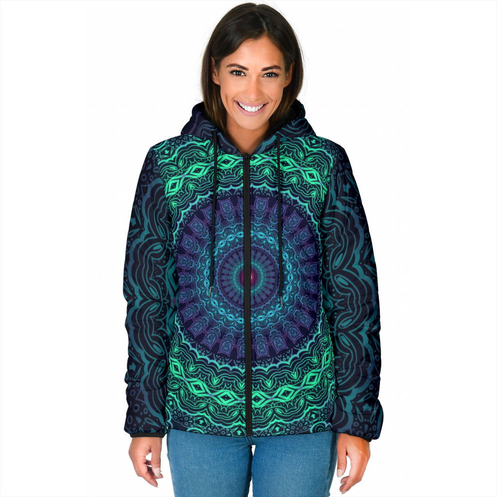 Trippy Mandala Womens Padded Hooded Jacket | Cameron Gray