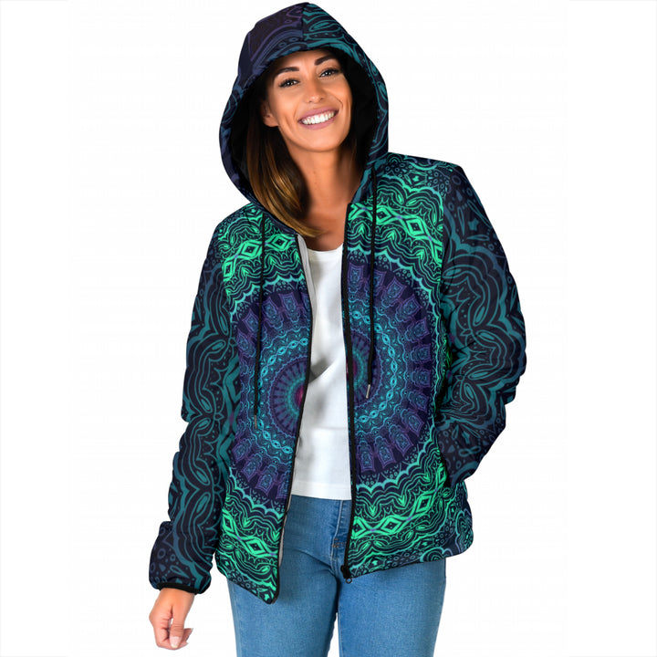 Trippy Mandala Womens Padded Hooded Jacket | Cameron Gray