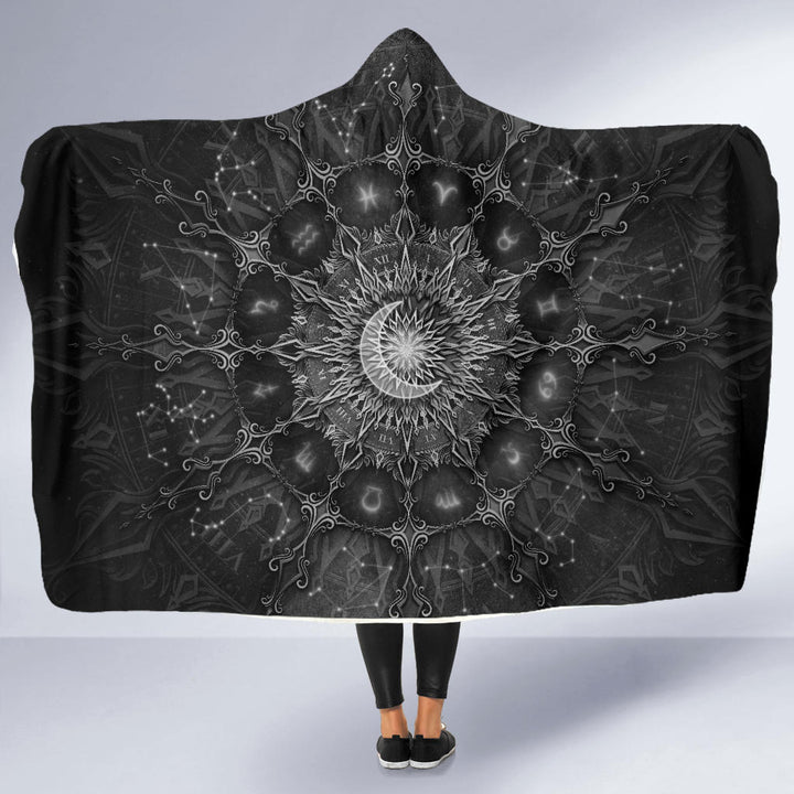 Zodiac Calendar Mandala - Black | Hooded Blanket | Mandalazed